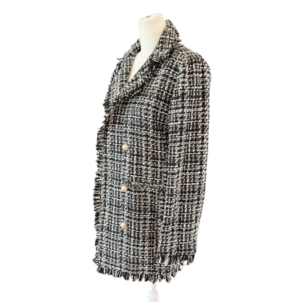 NWT Sans Souci Black & White Tweed Double-Breasted Coat with Pearl Buttons